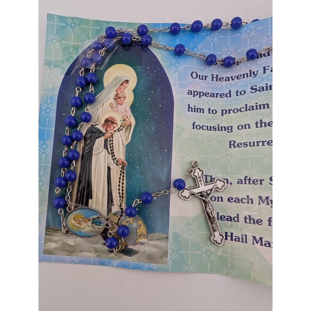 Blue Mary Rosary with Mysteries of the Rosary Information Card